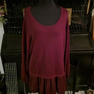 Hannah Plus Sized 1xl Vino Long Sleeve Top Peplum Pleated Hem Burgundy
